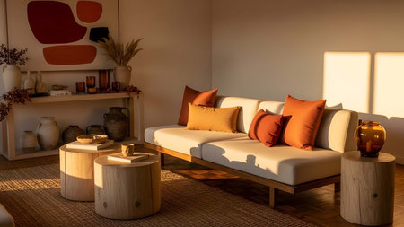 Living room showing cozy beige living room with light wood furniture and rust colored cushions....