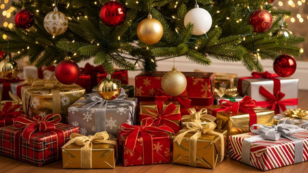 Colorful showing colorful wrapped christmas gifts under decorated tree with ornaments and lights 1....