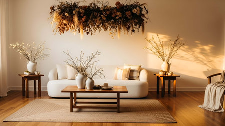 Living room showing cozy beige living room with floral wall hanging and wooden furniture. Clear details and vibrant colors enhance visual appeal. living room, interior beige sofa, wooden coffee table.の写真素材