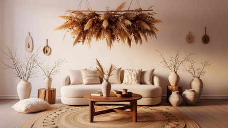 Cozy showing cozy beige living room with dried pampas grass wall hanging and woven decor. resolution use. Clear details and vibrant colors enhance visual appeal. Cozy, beige, living.の写真素材