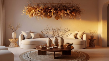 Living room showing cozy beige living room with curved sofa dried floral decor and round coffee table. resolution use. Clear details and vibrant colors enhance visual appeal. living room, interior beige sofa, curved sofa.の写真素材