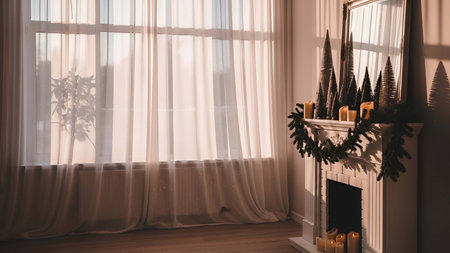 Cozy showing cozy indoor fireplace decorated with greenery candles and pinecones by window. resolution use. Clear details and vibrant colors enhance visual appeal. Cozy, indoor, fireplace.の写真素材