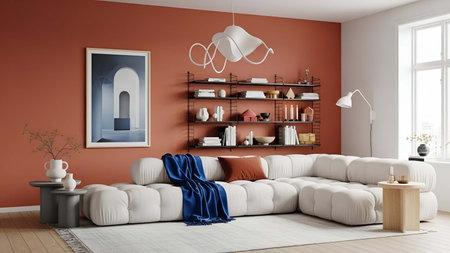 Cozy living room with terracotta wall sectional sofa and wall shelves. Clear details and vibrant colors enhance visual appeal.の写真素材