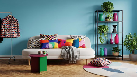 Living room showing cozy living room with light gray sofa colorful pillows and potted plants on blue...