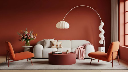 Living room showing cozy living room with terracotta walls white sofa and orange chairs. Clear details and vibrant colors enhance visual appeal.の写真素材