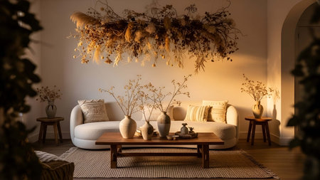 Cozy showing cozy beige living room with dried floral wall hanging and white sectional sofa....