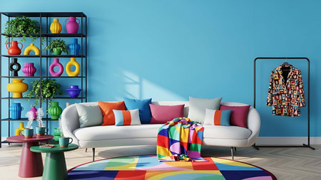 Living room showing bright blue living room with colorful sofa and geometric decor. resolution use. Clear details and vibrant colors enhance visual appeal. living room, interior colorful sofa, white couch.の写真素材