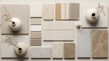 Neutral showing neutral color palette samples with ceramic vases and dried flowers. resolution use. Clear details and vibrant colors enhance visual appeal. Neutral, color, palette.の写真素材