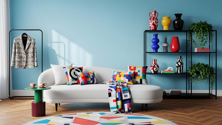 Bright showing bright blue living room with white sectional sofa colorful pillows and decorative vases. resolution use. Clear details and vibrant colors enhance visual appeal. Bright, blue, living.の写真素材
