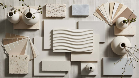 Neutral showing neutral color palette samples with ceramic vases and paint swatches. resolution use....