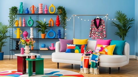 Bright showing bright colorful living room with pastel vases plants and geometric decor. resolution use. Clear details and vibrant colors enhance visual appeal. Bright, colorful, living.の写真素材