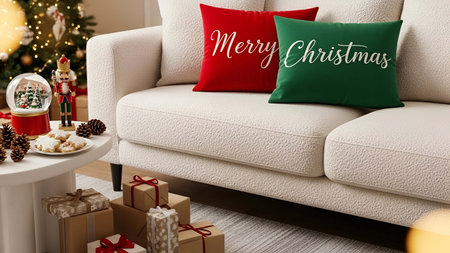 Cozy showing cozy white sofa with merry christmas pillows and holiday decorations 2. resolution use. Clear details and vibrant colors enhance visual appeal. Cozy, white, sofa.の写真素材