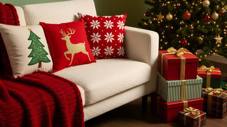 Cozy showing cozy white sofa with red christmas pillows and wrapped gifts by tree. resolution use. Clear details and vibrant colors enhance visual appeal. Cozy, white, sofa.の写真素材