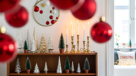 Festive showing festive christmas decoration display with red ornaments and miniature trees. resolution use. Clear details and vibrant colors enhance visual appeal. Festive, Christmas, decoration.の写真素材