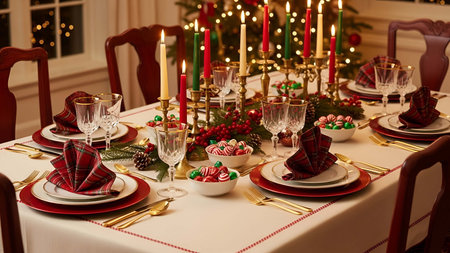 Festive showing festive holiday dinner table setting with plaid napkins candles and candy. resolution use. Clear details and vibrant colors enhance visual appeal. Festive, holiday, dinner.の写真素材
