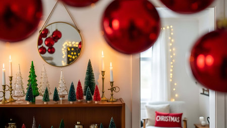 Festive showing festive christmas interior decor with red ornaments green trees and candles. resolution use. Clear details and vibrant colors enhance visual appeal. Festive, Christmas, interior.の写真素材