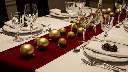 Festive showing festive holiday table setting with red runner gold ornaments and crystal glasses....