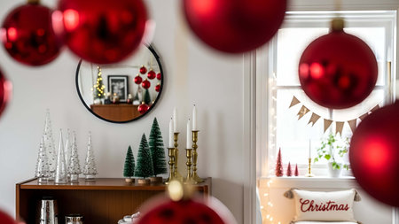 Christmas showing festive christmas home decor with red ornaments green trees and gold candlestick. resolution use. Clear details and vibrant colors enhance visual appeal. christmas, holiday, home decor.の写真素材