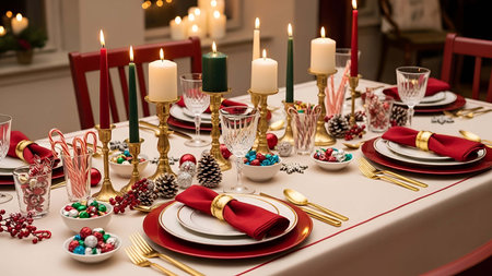 Festive showing festive holiday dinner table setting with red green and gold decorations 4....