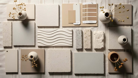 Neutral showing neutral color samples with texture swatches and small vases. resolution use. Clear details and vibrant colors enhance visual appeal. Neutral, color, samples.の写真素材