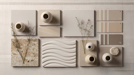 Neutral showing neutral color palette with textured tiles decorative vases and paint swatches. resolution use. Clear details and vibrant colors enhance visual appeal. Neutral, color, palette.の写真素材