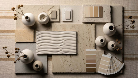 Neutral showing neutral toned and color swatch sample display with ceramic vases. resolution use. Clear details and vibrant colors enhance visual appeal. Neutral, toned, color.の写真素材