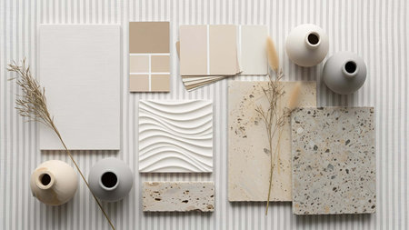 Neutral showing neutral color palette samples with paint swatches and vases. resolution use. Clear...
