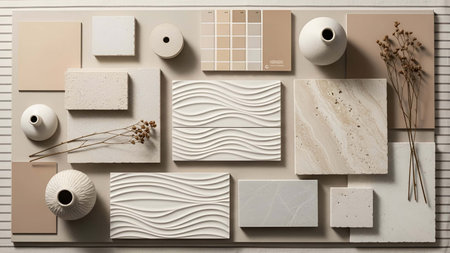 Neutral showing neutral toned and texture sample board with ceramic vases and dried flowers. resolution use. Clear details and vibrant colors enhance visual appeal. Neutral, toned, texture.の写真素材