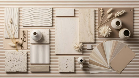Neutral showing neutral toned and texture sample board with decorative. resolution use. Clear details and vibrant colors enhance visual appeal. Neutral, toned, texture. various and creative applications.の写真素材
