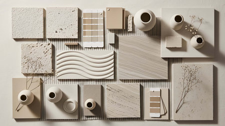 Neutral showing neutral color palette samples with ceramic vases and dried plants. resolution use. Clear details and vibrant colors enhance visual appeal. Neutral, color, palette.の写真素材