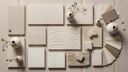 Neutral showing neutral toned samples with texture swatches and color fan deck. resolution use. Clear details and vibrant colors enhance visual appeal. Neutral, toned, samples.の写真素材