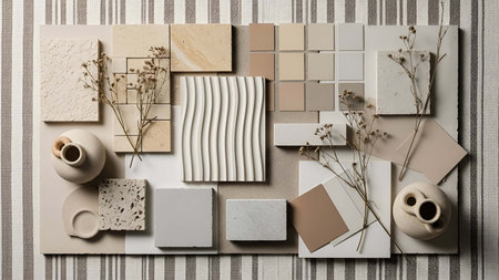 Neutral showing neutral toned sample board with ceramic vases and dried plants. resolution use. Clear details and vibrant colors enhance visual appeal. Neutral, toned, sample.の写真素材