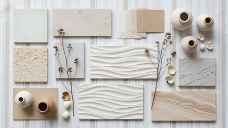 Neutral showing neutral toned samples and decorative flat lay arrangement. resolution use. Clear...