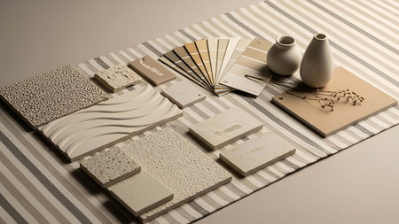 Samples showing neutral toned samples and paint swatches on striped cloth. resolution use. Clear details and vibrant colors enhance visual appeal. samples, paint swatches, color fan deck.の写真素材