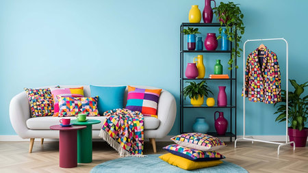 Living room showing bright blue living room with colorful geometric decor and pastel furniture. resolution use. Clear details and vibrant colors enhance visual appeal. living room, interior colorful decor, geometric patterns.の写真素材