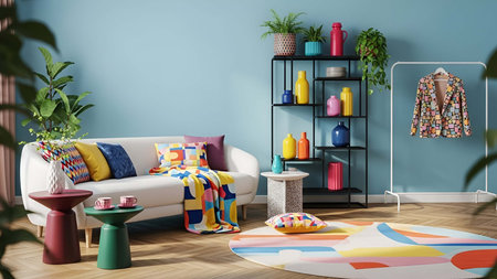 Bright showing bright blue living room with colorful geometric sofa and decor. resolution use. Clear details and vibrant colors enhance visual appeal. Bright, blue, living.の写真素材