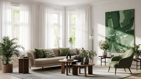 Bright showing bright living room with beige sofa green armchair and large leafy. resolution use....