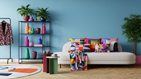 Living room showing bright blue living room with white sofa colorful pillows and decorative shelf 1. resolution use. Clear details and vibrant colors enhance visual appeal. living room, interior blue wall, white sofa.の写真素材
