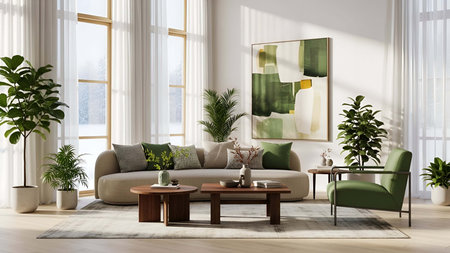 Living room showing bright living room with beige sofa green armchair and indoor plants 3....