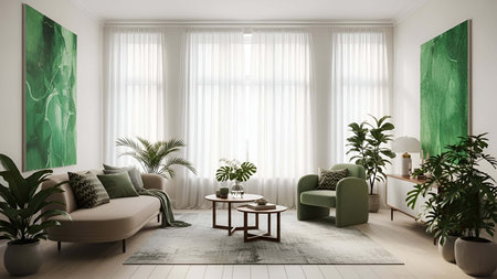 Living room showing bright living room with green furniture large windows and indoor plants 3. resolution use. Clear details and vibrant colors enhance visual appeal. living room, interior green sofa, green armchair.の写真素材