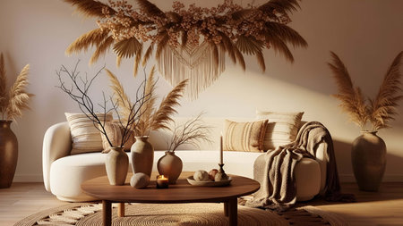 Cozy showing cozy beige living room with dried pampas grass and woven wall hanging. resolution use. Clear details and vibrant colors enhance visual appeal. Cozy, beige, living.の写真素材