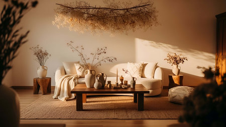 Living room showing cozy beige living room with wooden coffee table dried branches and ceramic vases. resolution use. Clear details and vibrant colors enhance visual appeal. living room, interior beige sofa, wooden coffee table.の写真素材