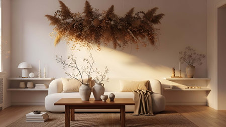 Cozy showing cozy beige living room with hanging dried foliage and ceramic vases on shelves....
