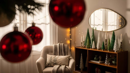 Cozy showing cozy living room corner decorated with christmas trees and red baubles. resolution use. Clear details and vibrant colors enhance visual appeal. Cozy, living, room.の写真素材