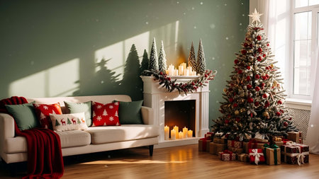 Cozy living room with decorated christmas tree fireplace and holiday gifts. Clear details and vibrant colors enhance visual appeal.の写真素材