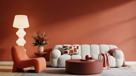 Living room showing cozy living room with terracotta walls white sectional sofa and orange chair. resolution use. Clear details and vibrant colors enhance visual appeal. living room, interior terracotta walls, white sectional sofa.の写真素材