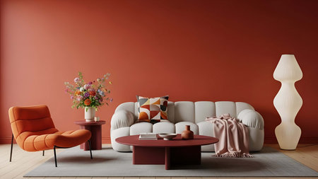 Cozy showing cozy living room with terracotta walls beige sofa and orange armchair. resolution use. Clear details and vibrant colors enhance visual appeal. Cozy, living, room.の写真素材
