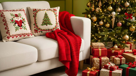 Cozy showing cozy white sofa with christmas throw and decorated tree and gifts. resolution use....