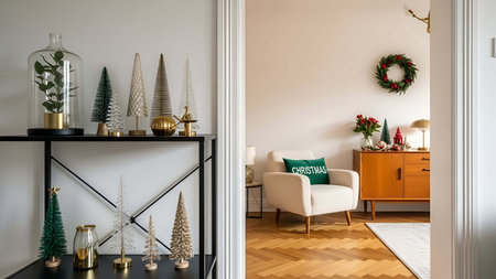 Christmas decorations showing festive christmas decor in cozy living room and console table display....