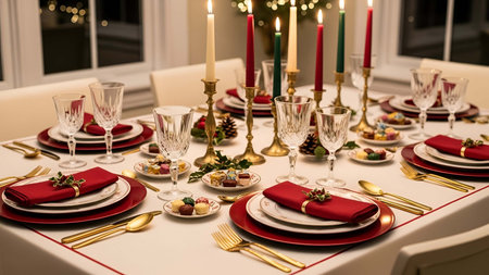 Festive showing festive holiday dinner table setting with red napkins gold cutlery and candles....